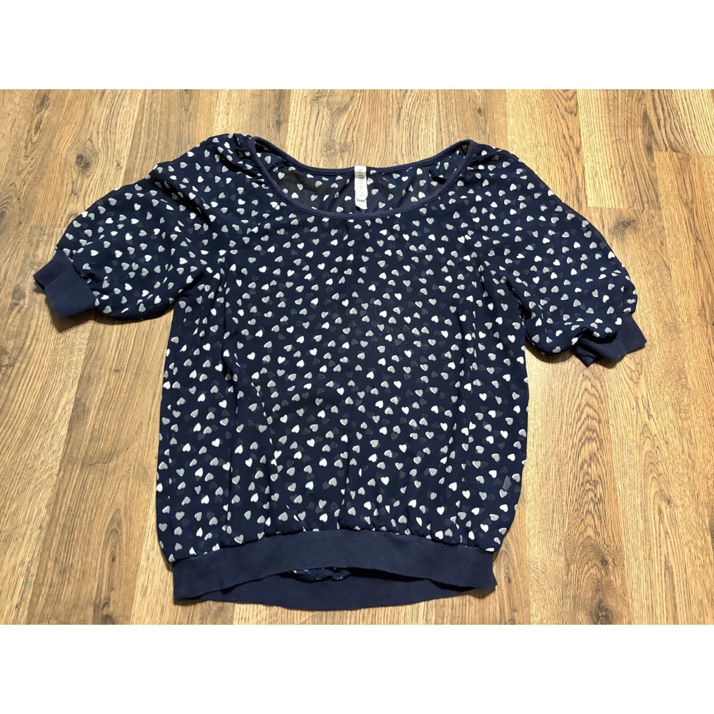 Aeropostale Blouse Womens Size M Navy Blue Heart Print Short Puff Sleeve